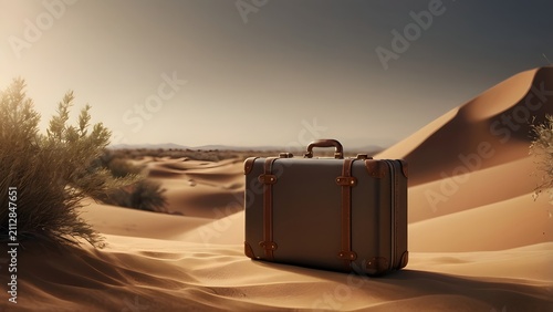 vintage suitcase in desert travel adventure exploration concept
