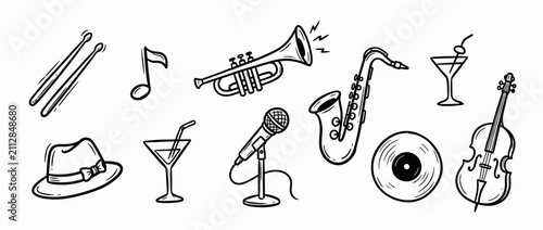 Hand-drawn musical instruments and jazz club elements collection