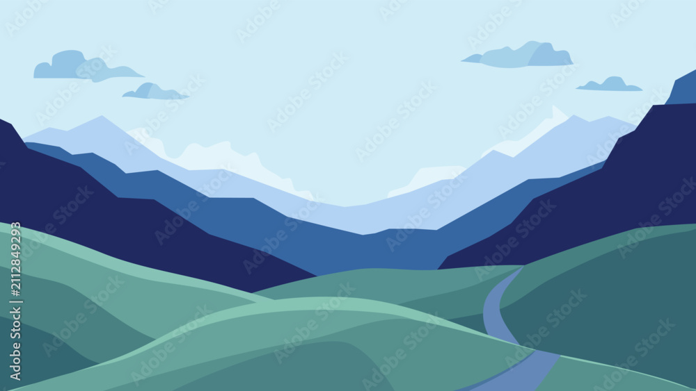 Obraz premium Scenic mountain landscape with green hills and winding road flat vector illustration background
