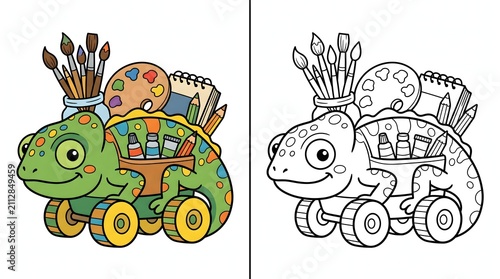 Cute Cartoon Chameleon Art Supplies Carrier with Paintbrushes and Palette for Kids Coloring Page
