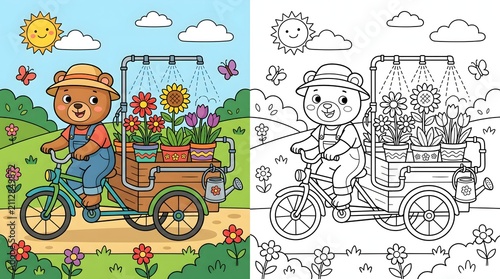 Cute bear gardener on cargo bike delivering flowers with matching coloring page outline for kids activity