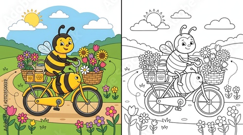 Cute cartoon bee riding bicycle with honey jars and flowers coloring book page for kids illustration