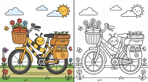 Cute bee riding a bicycle with flowers and honey in a coloring book page style for kids