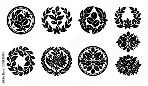 Nine Coffee Bean Botanical Emblem Silhouettes with Leaves and Blossoms Vector Icon Set