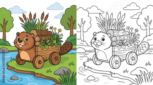 Cute Cartoon Beaver Wooden Cart with Cattails and Flowers Coloring Page Vector Illustration for Kids