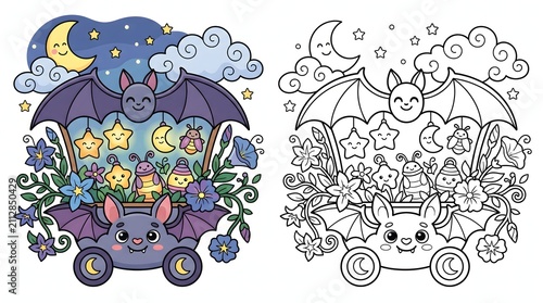 Whimsical Bat's Nocturnal Garden Adventure A Cute Fantasy Scene for Creative Coloring Fun and Artistic Expression