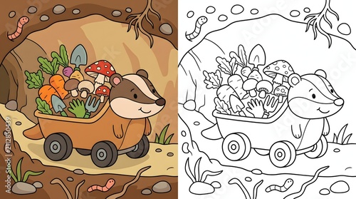 Cartoon badger transporting a cart of harvested vegetables through an underground burrow including black and white coloring page