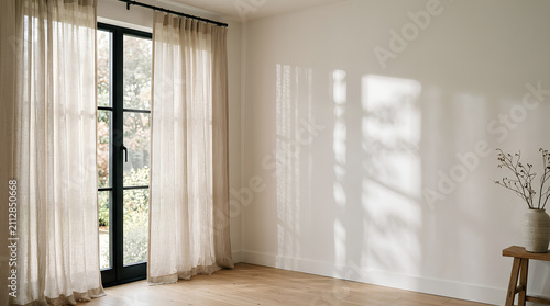 Bright minimalist room interior with sunlight shadows on white wall