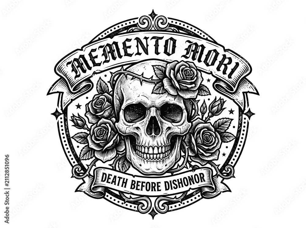 Fototapeta premium Outlaw biker style memento mori badge with skull and roses emblem featuring death before dishonor text