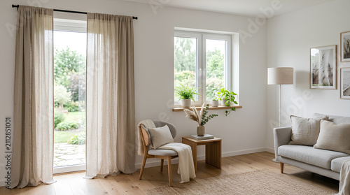 Bright minimalist living room with garden view and neutral decor
