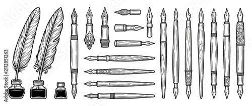 Картината върху платно Vintage Writing Implements Collection: Quills, Inkwells, Nib Pens
