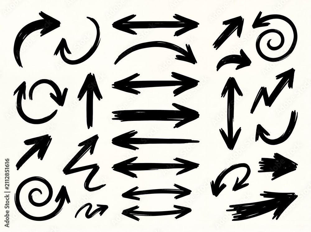 Fototapeta premium Hand drawn black ink arrows set sketchy doodle pointers and direction symbols
