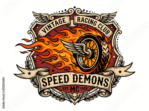 Vintage Motorcycle Racing Club Emblem with Flaming Winged Wheel and Biker Speed Demons Badge Design