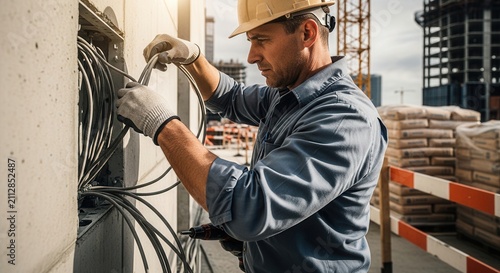 Electrician Installing Cables At Busy Construction Site