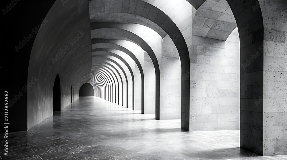 Naklejka premium Infinite Archway of Light: A long, symmetrical hallway of concrete arches stretches into the distance, with light dramatically filtering in from the side, creating a sense of depth and grandeur.