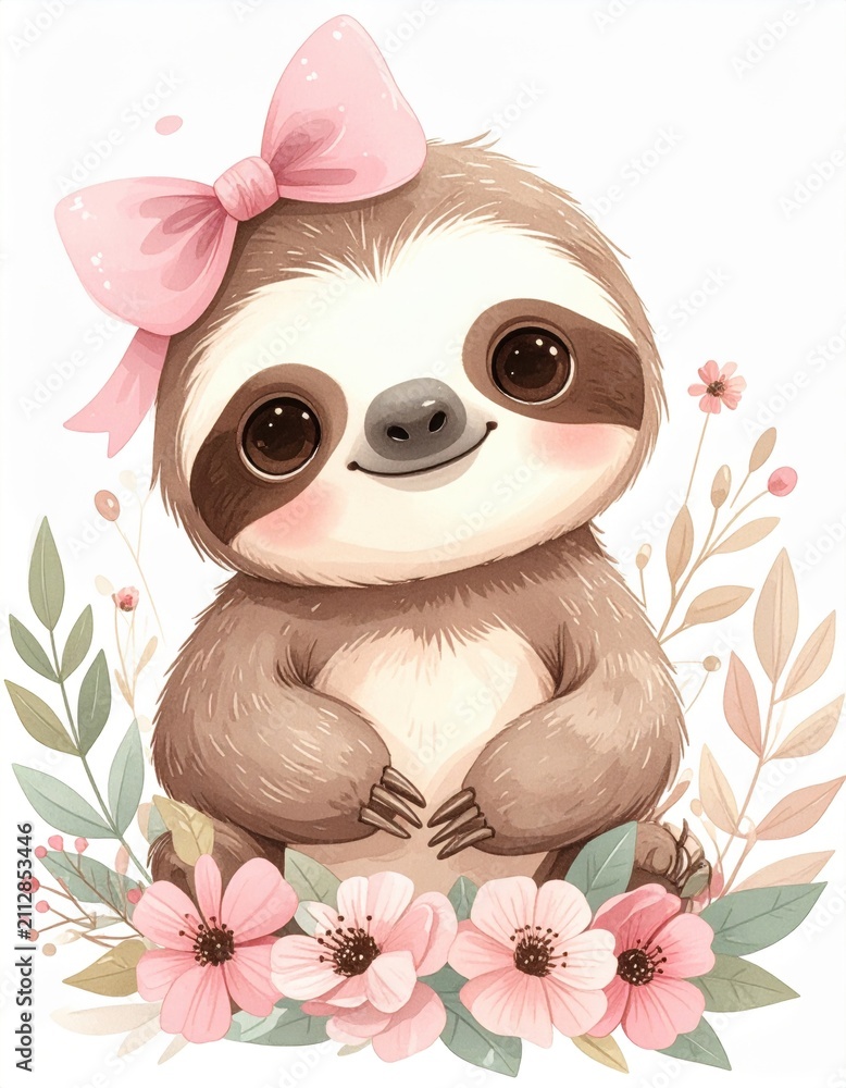 Obraz premium Cute cartoon sloth with a pink bow, surrounded by pastel flowers and leaves, smiling sweetly.