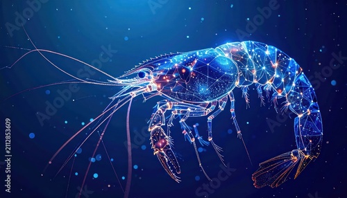 Abstract bioluminescent prawn wireframe with glowing blue nodes.