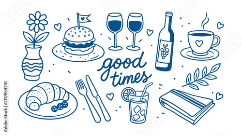 Obraz na plátne Brunch Food and Drinks Collection Naive Doodle Vector Illustration