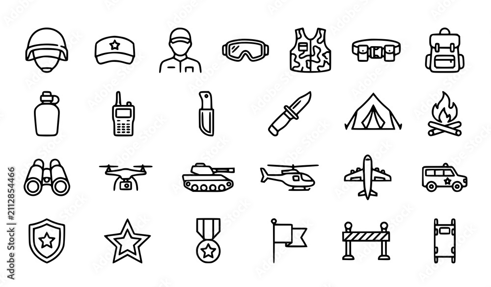 Fototapeta premium Minimal Soldier Military Icons Set with Defense Equipment Thin Line Vector Illustration