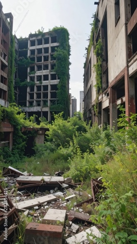 Abandoned concrete structures in a city overtaken by plants.