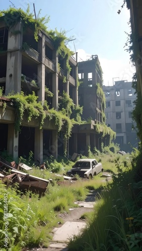 Abandoned car on overgrown street between derelict buildings.