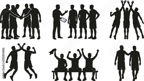Fotografie Basketball Team Silhouette Collection Vector Set with Huddle, Coach Strategy, Ce