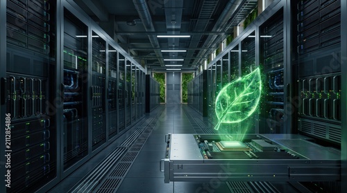 Green digital leaf hologram projection above server rack carbon footprint reduction sustainable technology