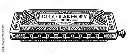 Bild auf Leinwand Vintage Harmonica Illustration with Art Deco Design