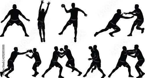 Принти на полотні Handball Player Silhouette Collection Vector Set with Passing, Defending, Jump S