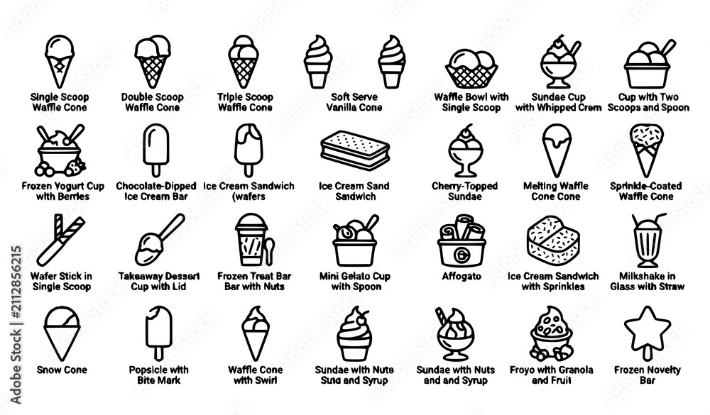 Fototapeta premium Ice Cream Cone and Cup Outline Editable Stroke Vector Icon Set