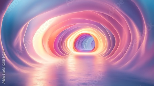 Abstract Tunnel of Light: A luminous, surreal tunnel with glowing, swirling abstract patterns of pink, purple, and blue hues, creating a sense of wonder and infinite depth.