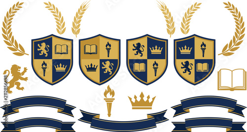 Canvastavla Heraldic shield coat of arms vector set featuring lion crown torch open book lau