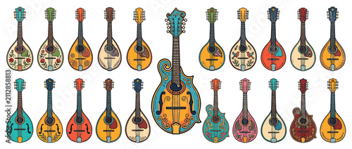 Foto Collection of Colorful Decorated Mandolins Isolated on White