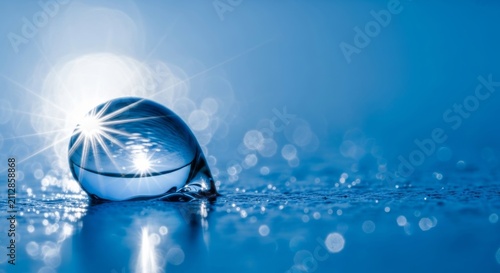 Macroscopic view of a single dewdrop refracting morning light into a brilliant burst of blue and white rays