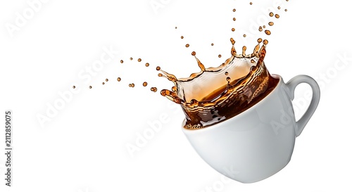 Coffee splashing out of a white cup. Dynamic liquid explosion isolated on white background.