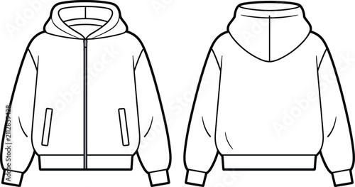 Foto Classic full zip front hoodie technical drawing with practical side pockets and