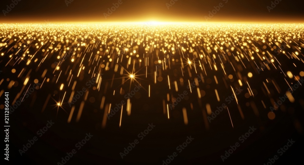Fototapeta premium Magical scene of golden sparks rain down from a glowing horizon against a deep dark background with soft bokeh
