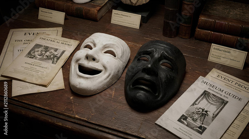 Antique comedy and tragedy theater masks on vintage desk.