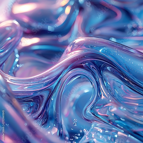 Iridescent Fluid Dynamics: A mesmerizing abstract visualization of shimmering, iridescent fluid in shades of blue and purple, with subtle highlights and tiny bubbles.