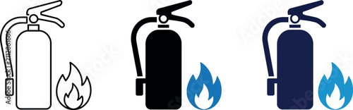 Cuadro en lienzo Fire extinguisher icon set with flame graphic in outline solid and colored format