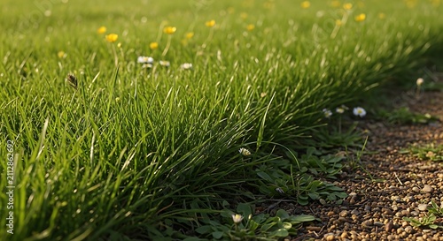 Green grass lawn edge with small flowers. Natural meadow border along a gravel path.