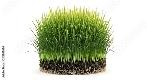 Green grass clump with roots isolated. Fresh turf patch on a white background.