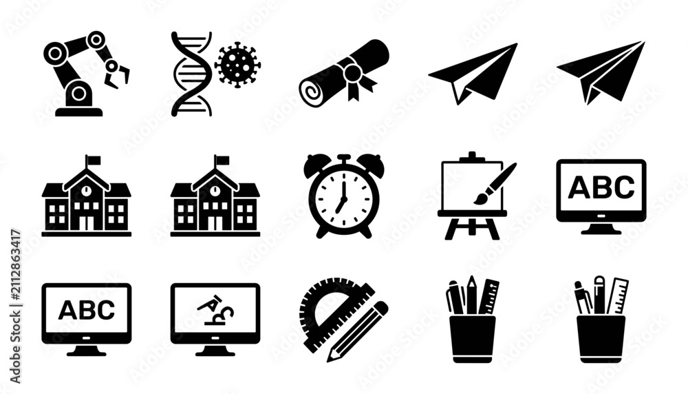 Fototapeta premium Icons Representing Education, Technology, and Science with Symbols Like Robots, Dna, Telescopes, Paper Planes, Schools, Clocks, Ea
