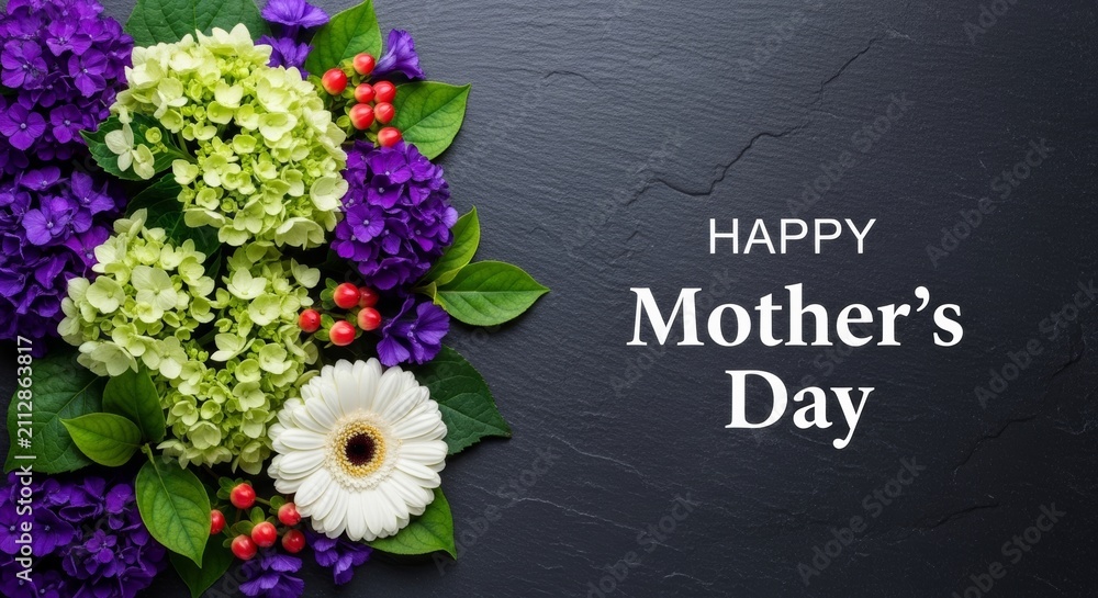 Fototapeta premium Happy Mothers Day greeting on dark slate with purple flowers and white gerbera