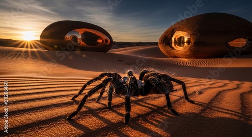 Golden Hour Dune Wanderer: A tarantula navigates sculpted sands as the sun dips below the horizon.