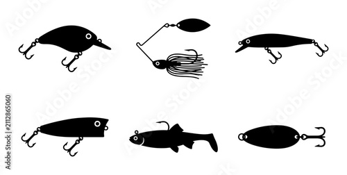 Konstfotografi Fishing Lures Vector Icons, Angling Baits Silhouettes, Sport Fishing Tackle Coll