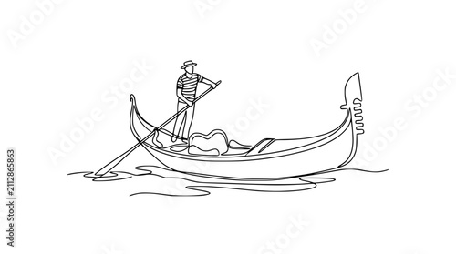 Minimalist Gondola Ride in Venice: Single Line Drawing of Gondolier and Boat
