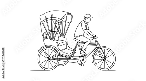 Bild auf Leinwand Man riding a cycle rickshaw, continuous line drawing, transportation, Asia