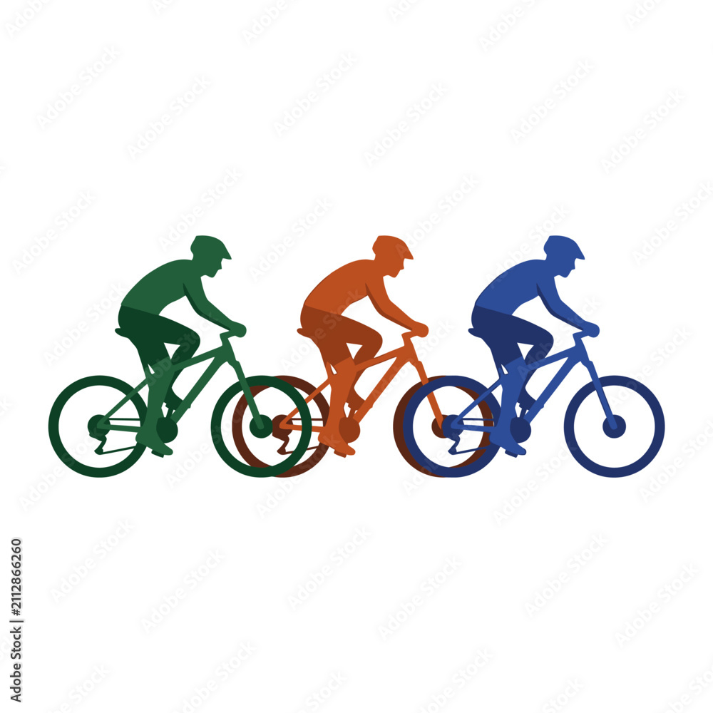 Fototapeta premium Three Colorful Silhouettes of Cyclists Riding Bikes in a Row Together