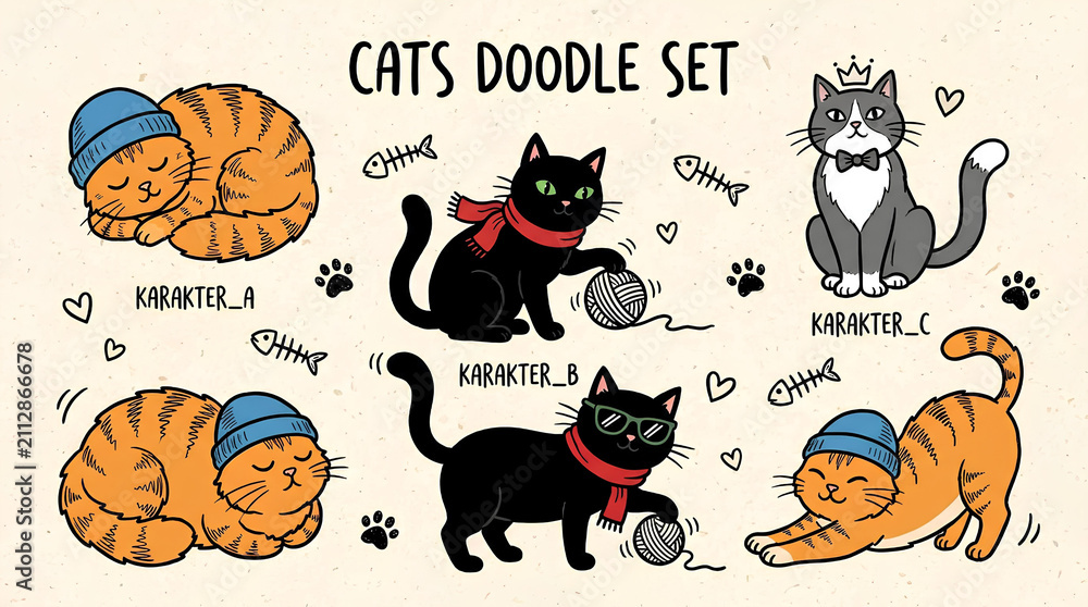 Fototapeta premium Cute hand-drawn cat doodles with various playful poses.